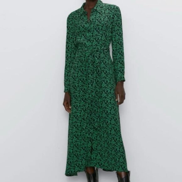 ZARA Shirt Dress Long Sleeve XL Black Green leaf print belt button down - Picture 1 of 16